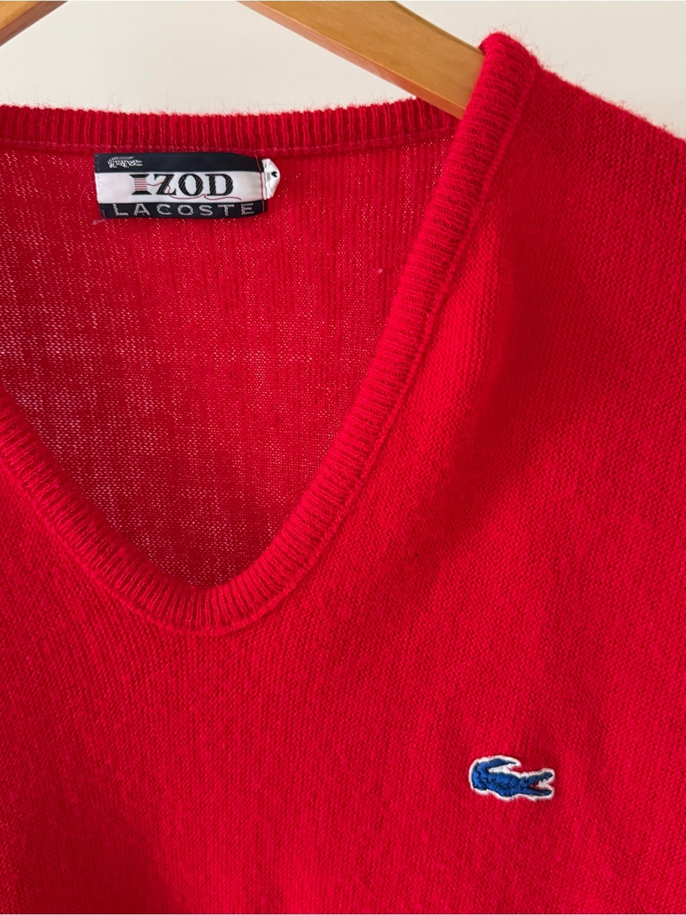 Vintage 80’s Lacoste V-neck Embroidered Logo Sweater in Cherry Red - Picture 3 of 4